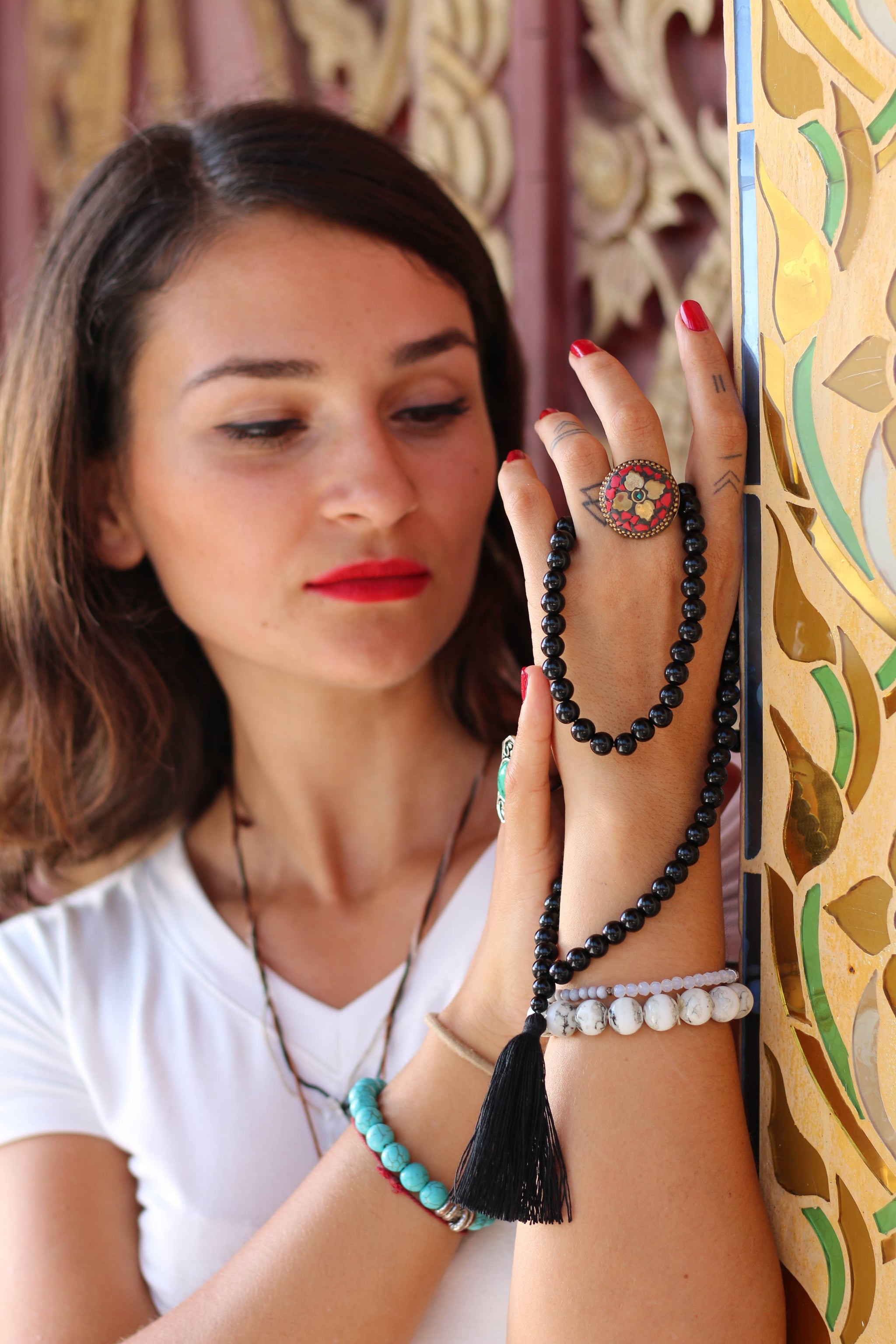 Black Onyx Buddhist Mala Beads Necklace with Black Tassels - One