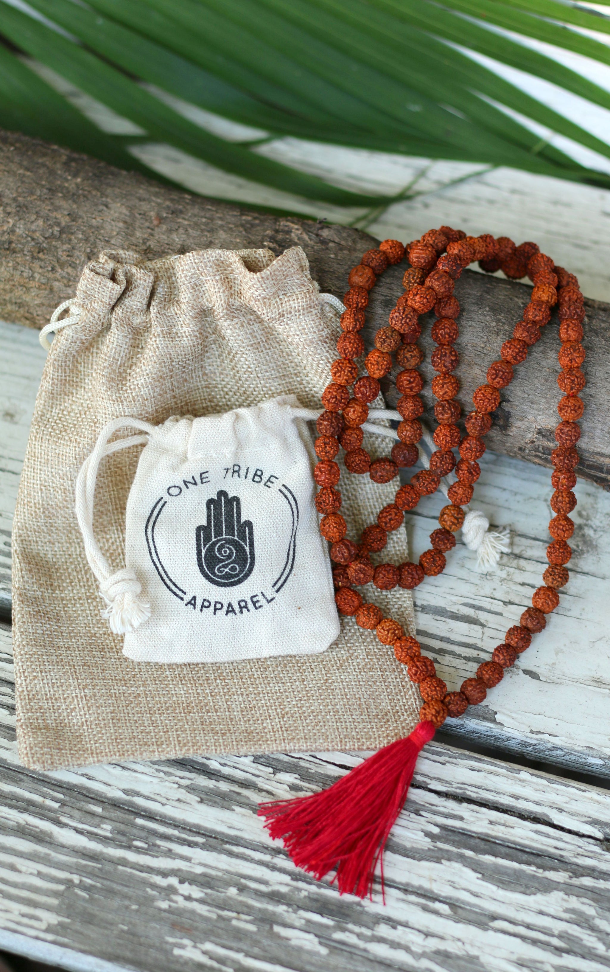 Rudraksha Buddhist Mala Beads Necklace with Red Tassels - One Tribe Apparel