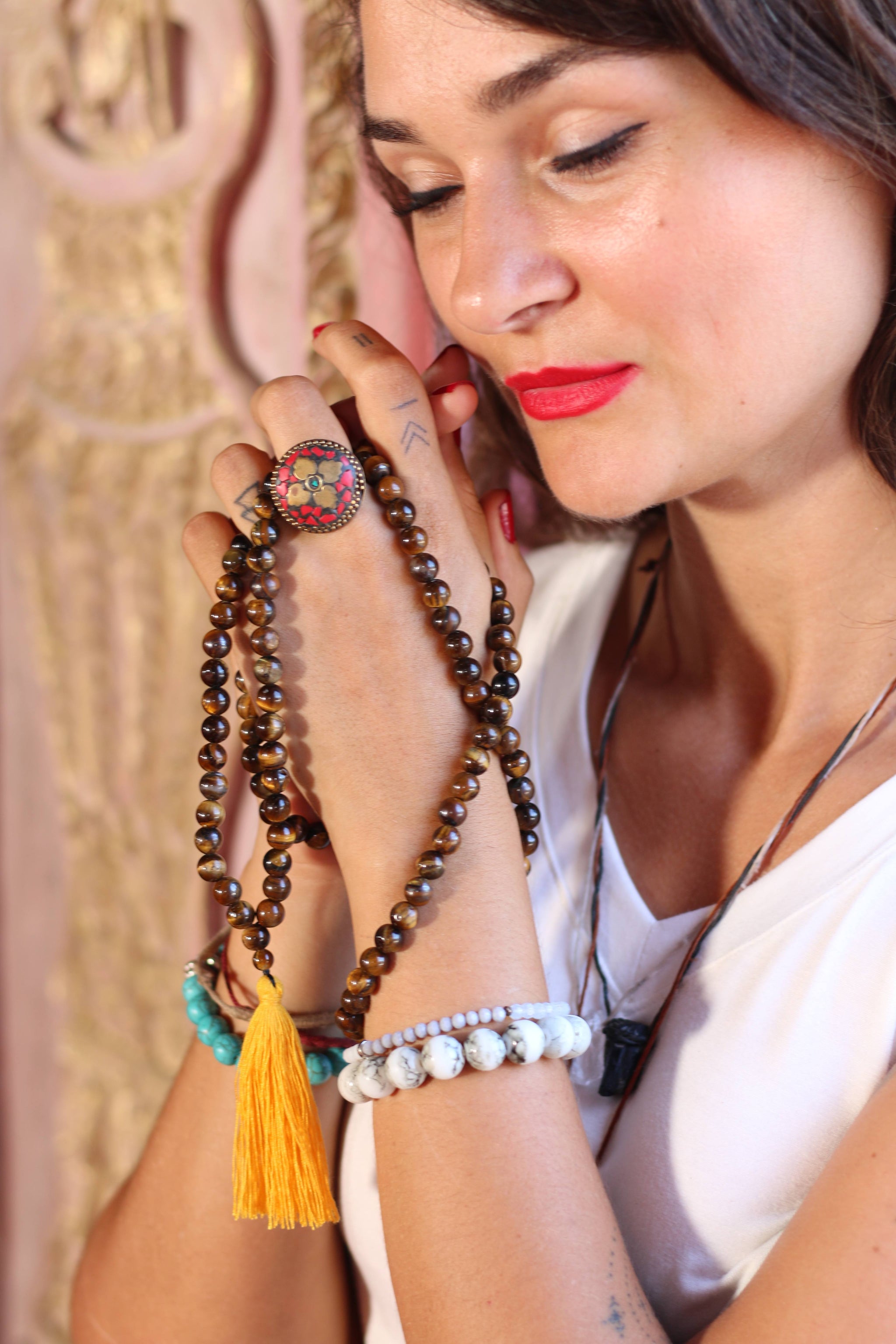 Tiger Eye Buddhist Mala Beads Necklace with Yellow Tassels
